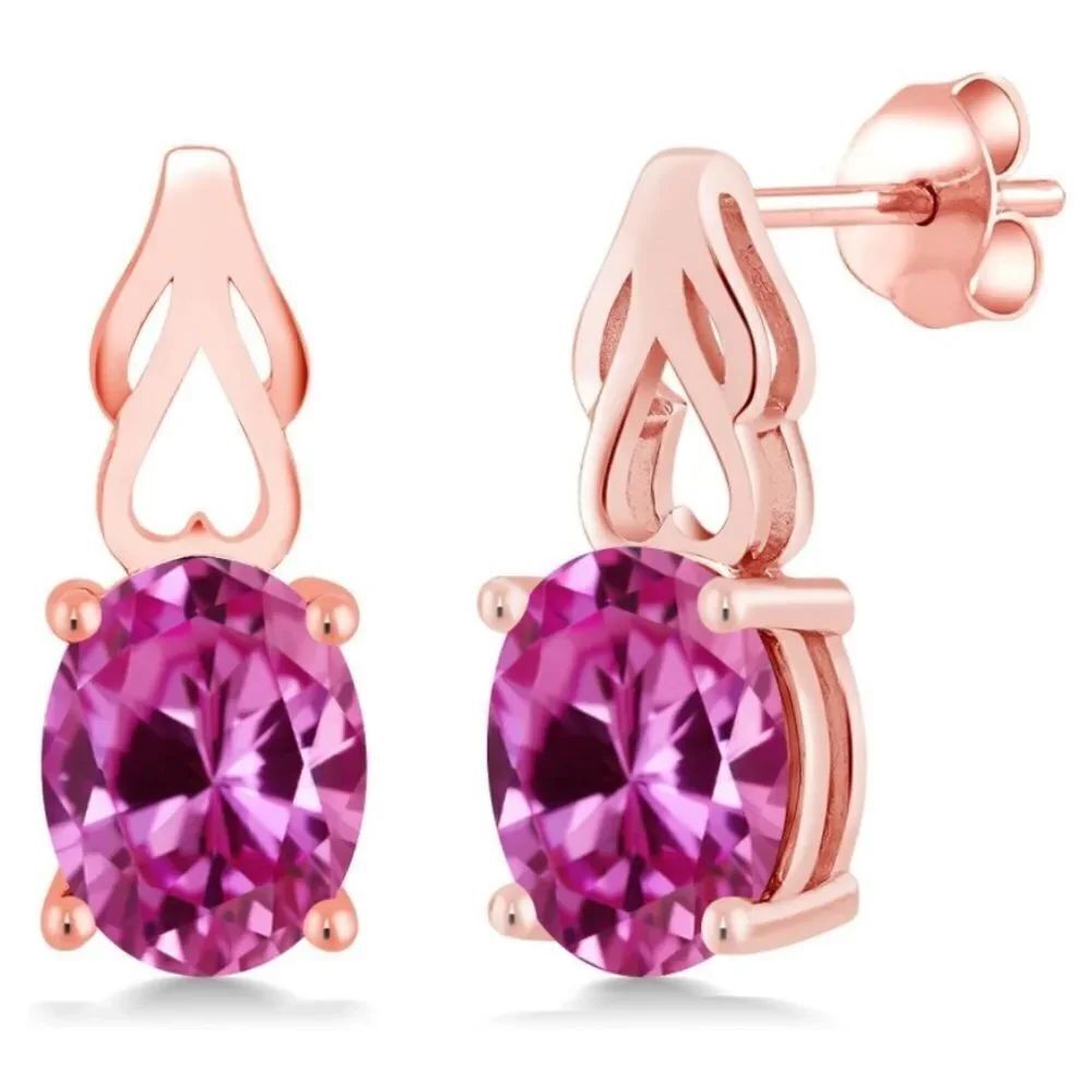 18K Rose Gold 925 with 4.80 Cttw Pink Sapphire Oval Post Back Drop Earrings